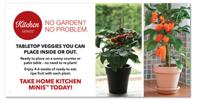 Kitchen Minis bench card sign, featuring No Garden No Problem messaging