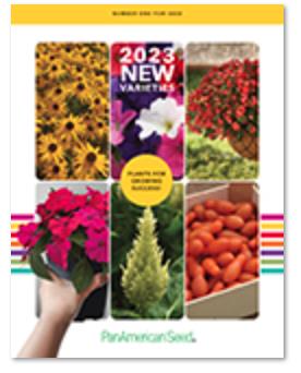 The cover of the 2023 New Varieties Brochure from PanAmerican Seed featuring six-panel images of flowers and vegetables.