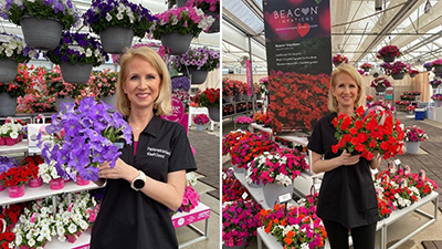 Photo shows Sarah holding a pot of Easy Wave Sky Blue petunias on the left and holding Beacon Red Impatiens on the right.