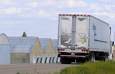 Photo shows a large semi-truck driving away in front of several greenhouse structures.