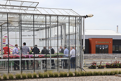 An outside view of people in a greenhouse filled with colorful plants