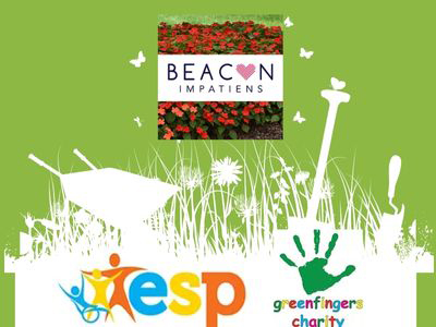 Collage of logos and flowers and a garden in the background