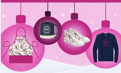 Collage of Wave merchandise in pink ornaments with a snow-covered background