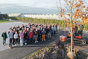 A large group of employees stand outside next to their newly planted oak tree.