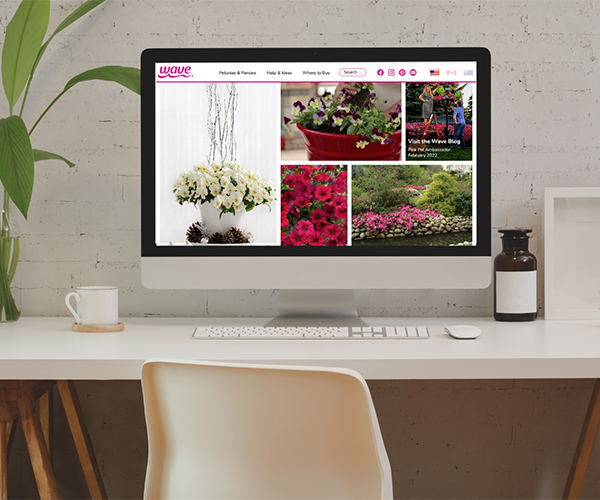 In front of a white brick wall is a work desk with a desktop computer on it. The screen shows the new Wave website. 